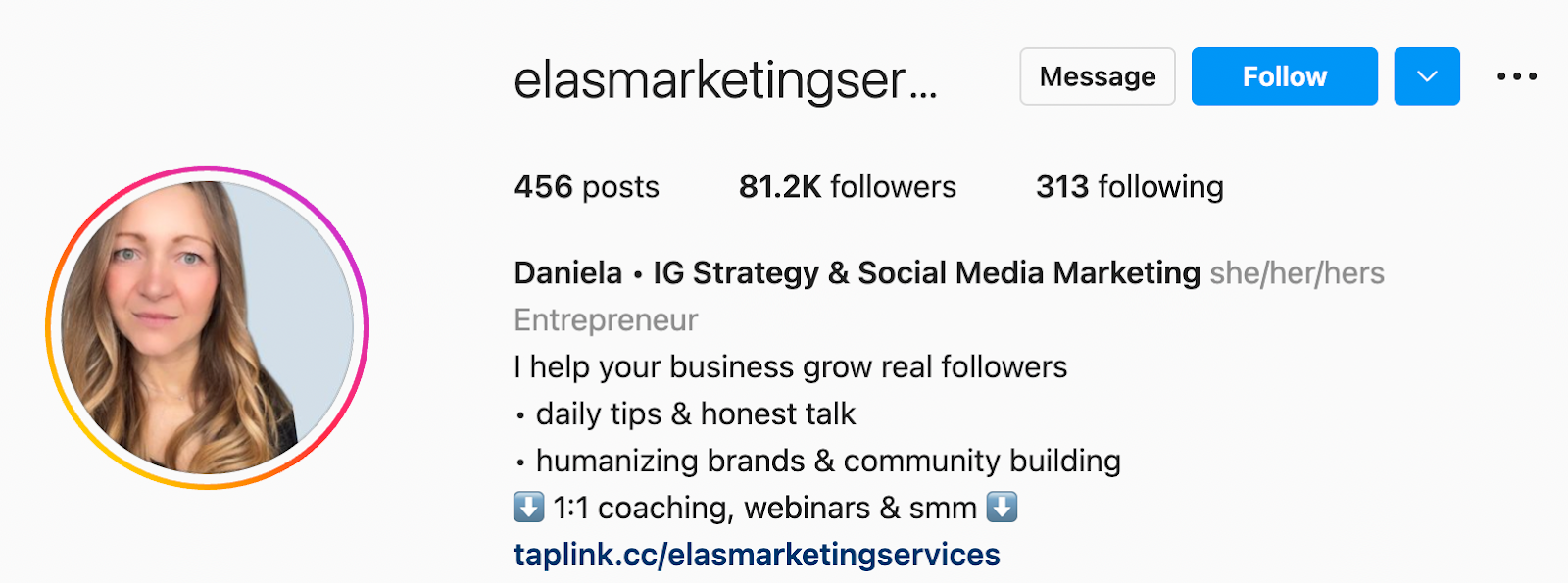 Ejemplo de biografía de Instagram de una estratega de redes sociales, con servicios en viñetas y un enlace.