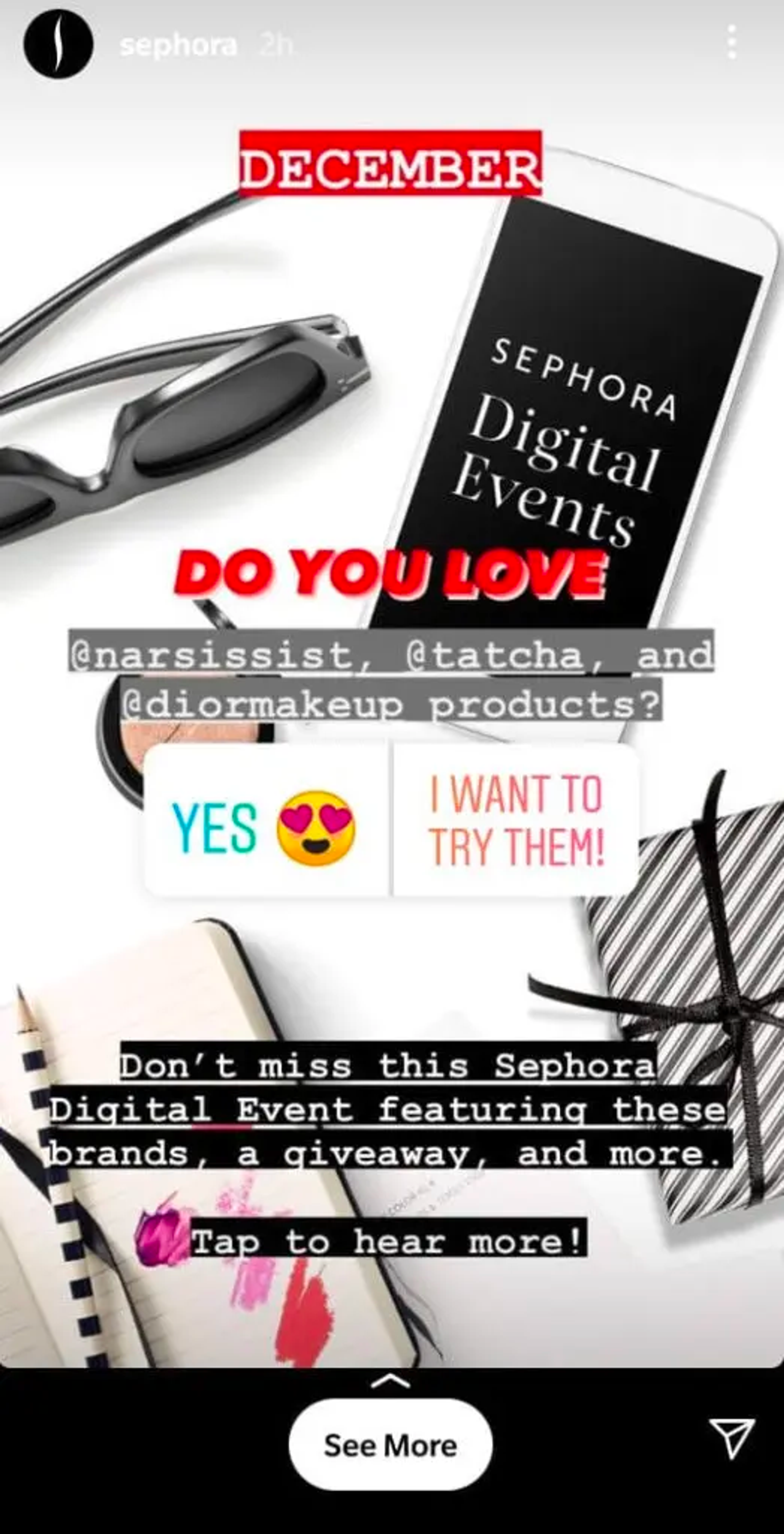 Sephora Instagram Story with a poll asking about favorite brands, options 'Yes' and 'I want to try them'
