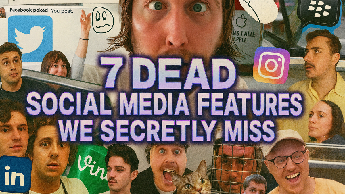 Many people with various expressions, some smiling, some surprised, with social media logos and text overlay. Mood is playful.