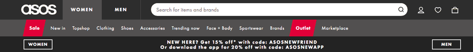 Encabezado del sitio web de ASOS con menu de navegacion y un banner promocional de descuento para nuevos clientes.