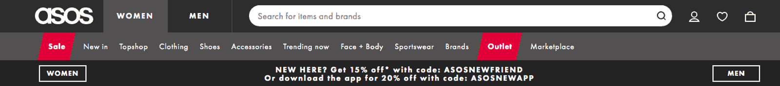 Encabezado del sitio web de ASOS con menu de navegacion y un banner promocional de descuento para nuevos clientes.