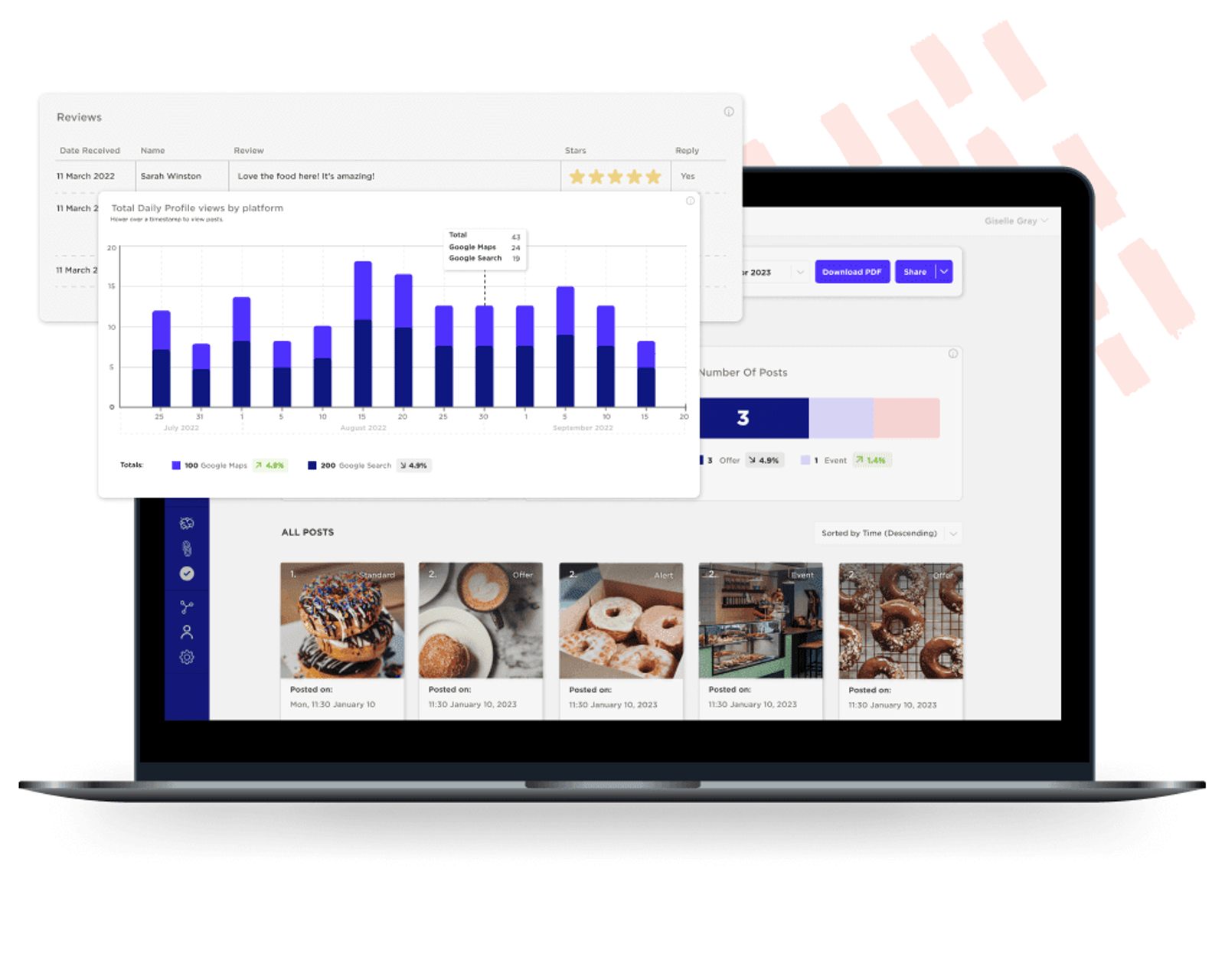 Sked Social dashboard showing Google Business Profile reviews, profile views chart, and a grid of posts.