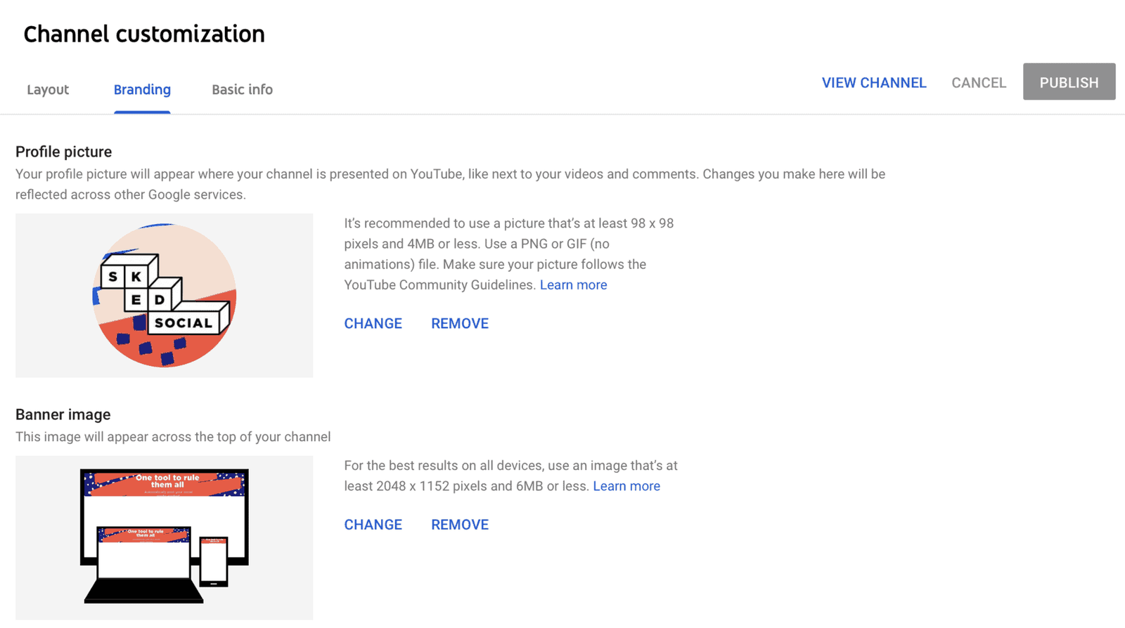 Pantalla de personalización de canal en YouTube Studio con ajustes de foto de perfil e imagen de banner.