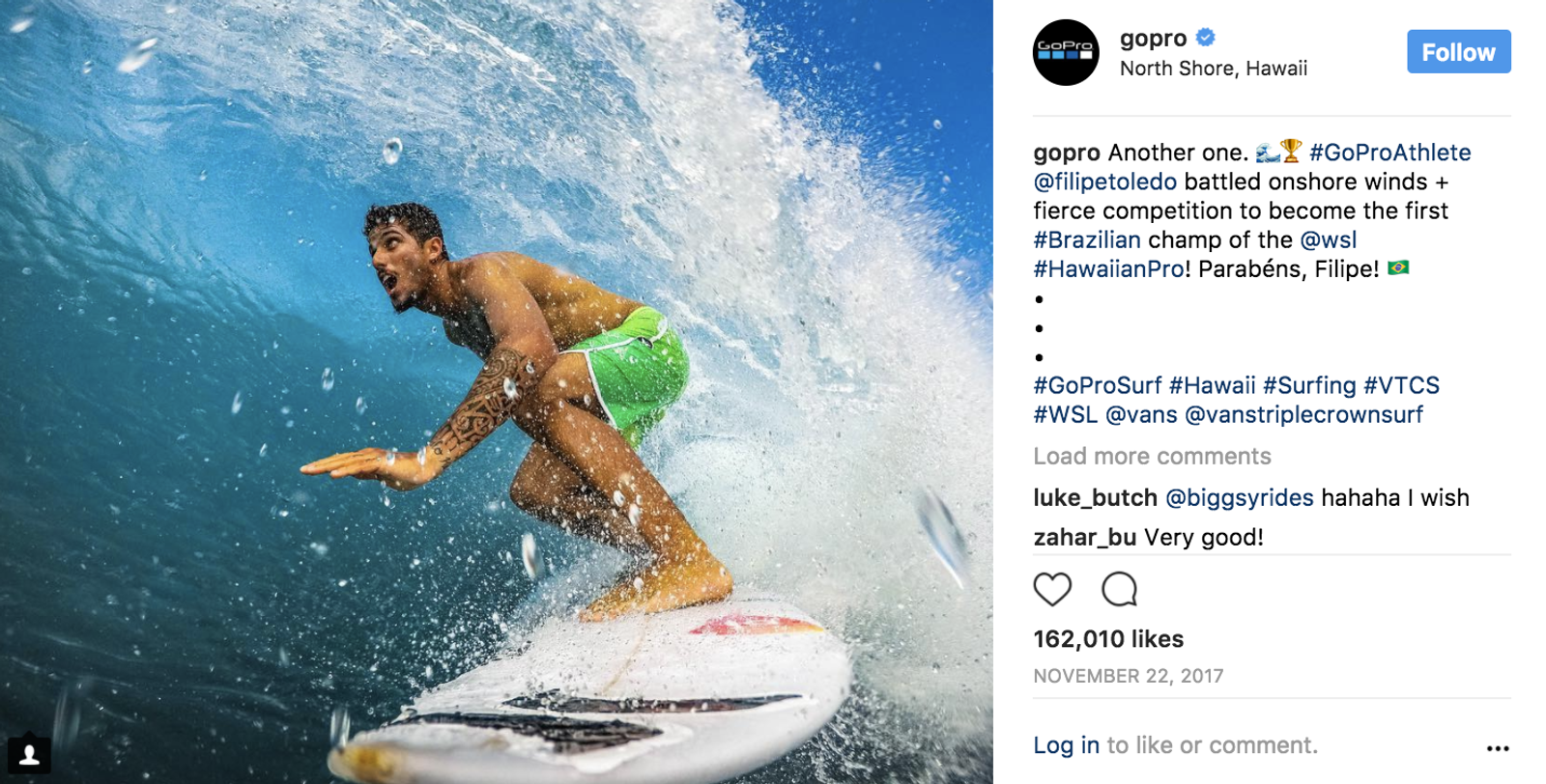 Publicación de Instagram de GoPro con un surfista en una ola en Hawái, con leyenda y comentarios debajo.