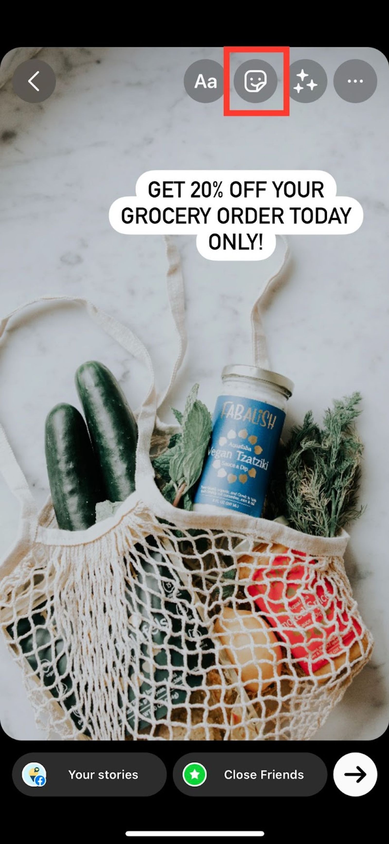 Instagram Story editor with the sticker icon highlighted above a grocery bag photo and text overlay.