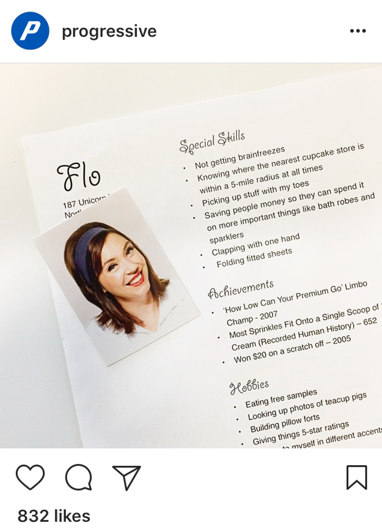 Publicacion de Instagram de Progressive con un curriculum humoristico del personaje Flo, con habilidades y pasatiempos.