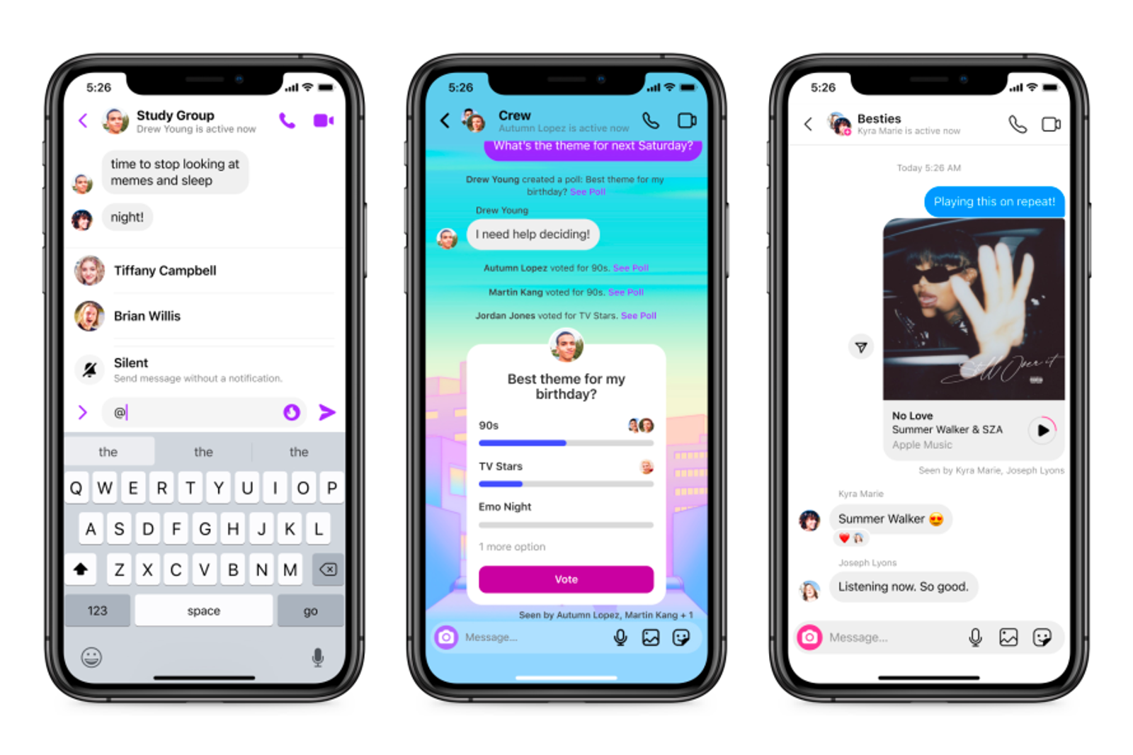 Three phone screens showing Instagram DM chats, a group thread, a poll, and a shared music link.