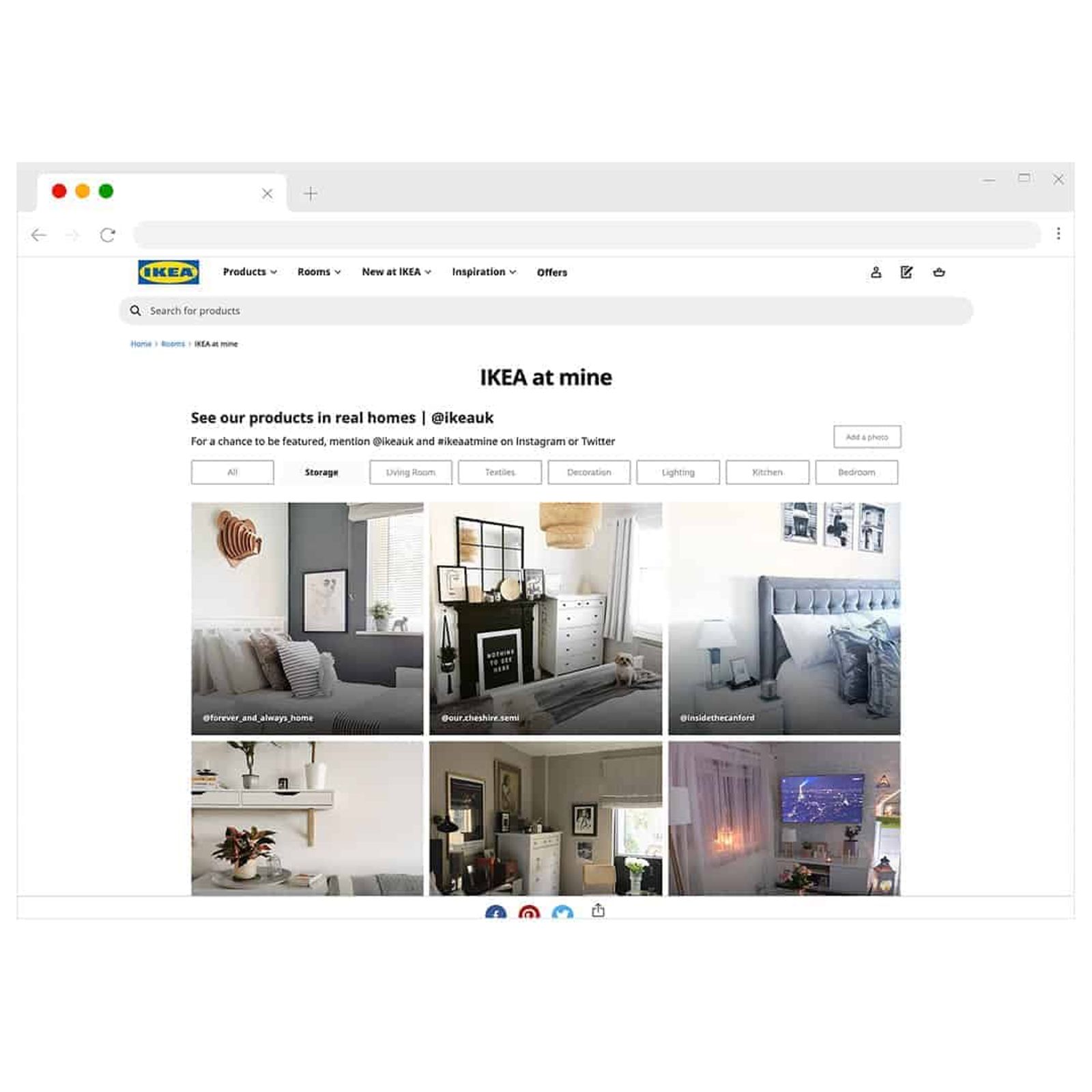 Página web de IKEA con una galería de fotos de clientes en sus hogares bajo la sección 'IKEA at mine'