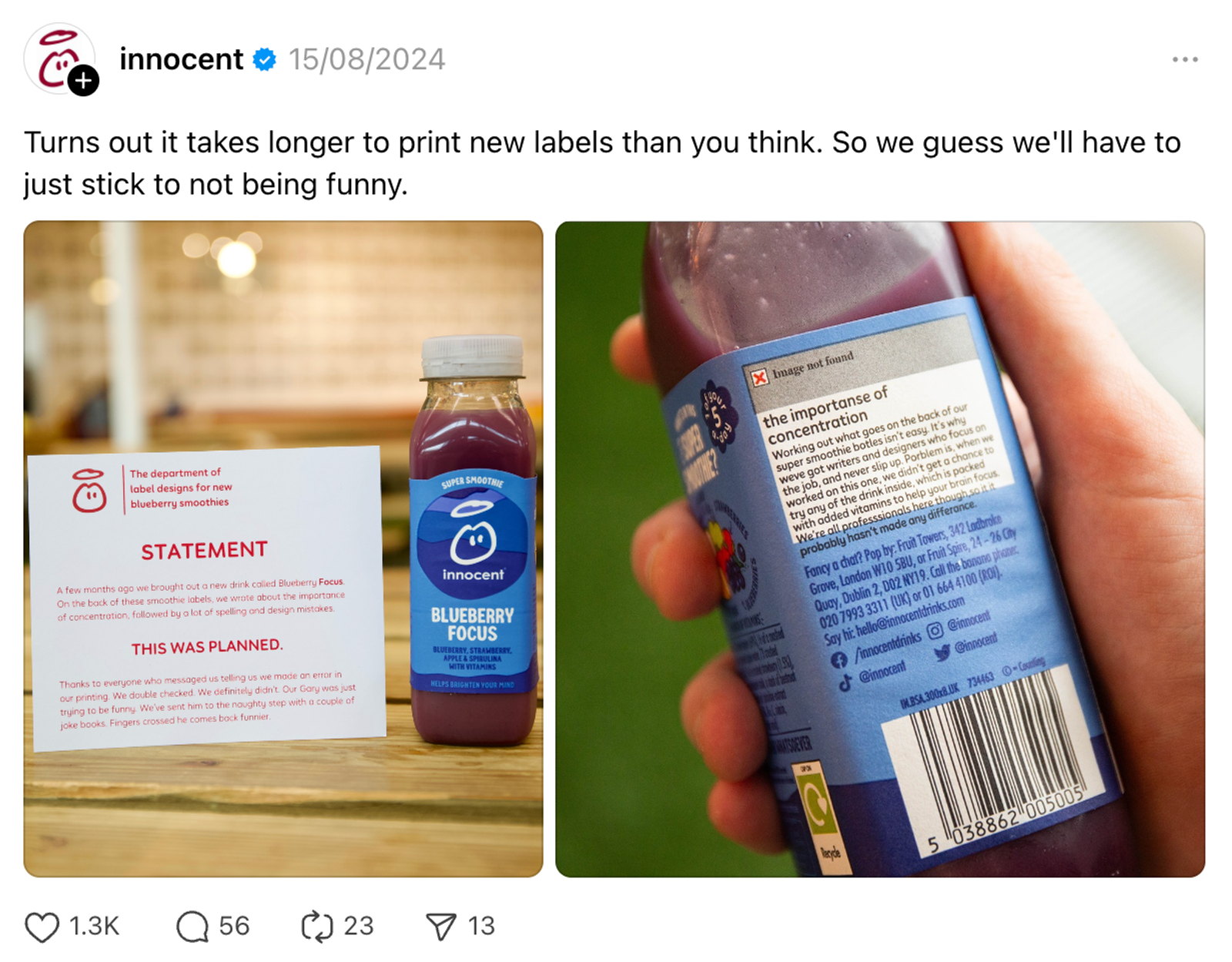 Innocent Threads post with a Blueberry Focus smoothie and a label showing a broken image icon and typos.