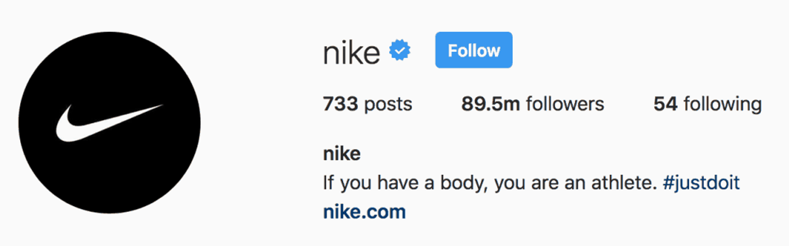 Nike's Instagram profile showing its logo as profile picture, bio text and website link.
