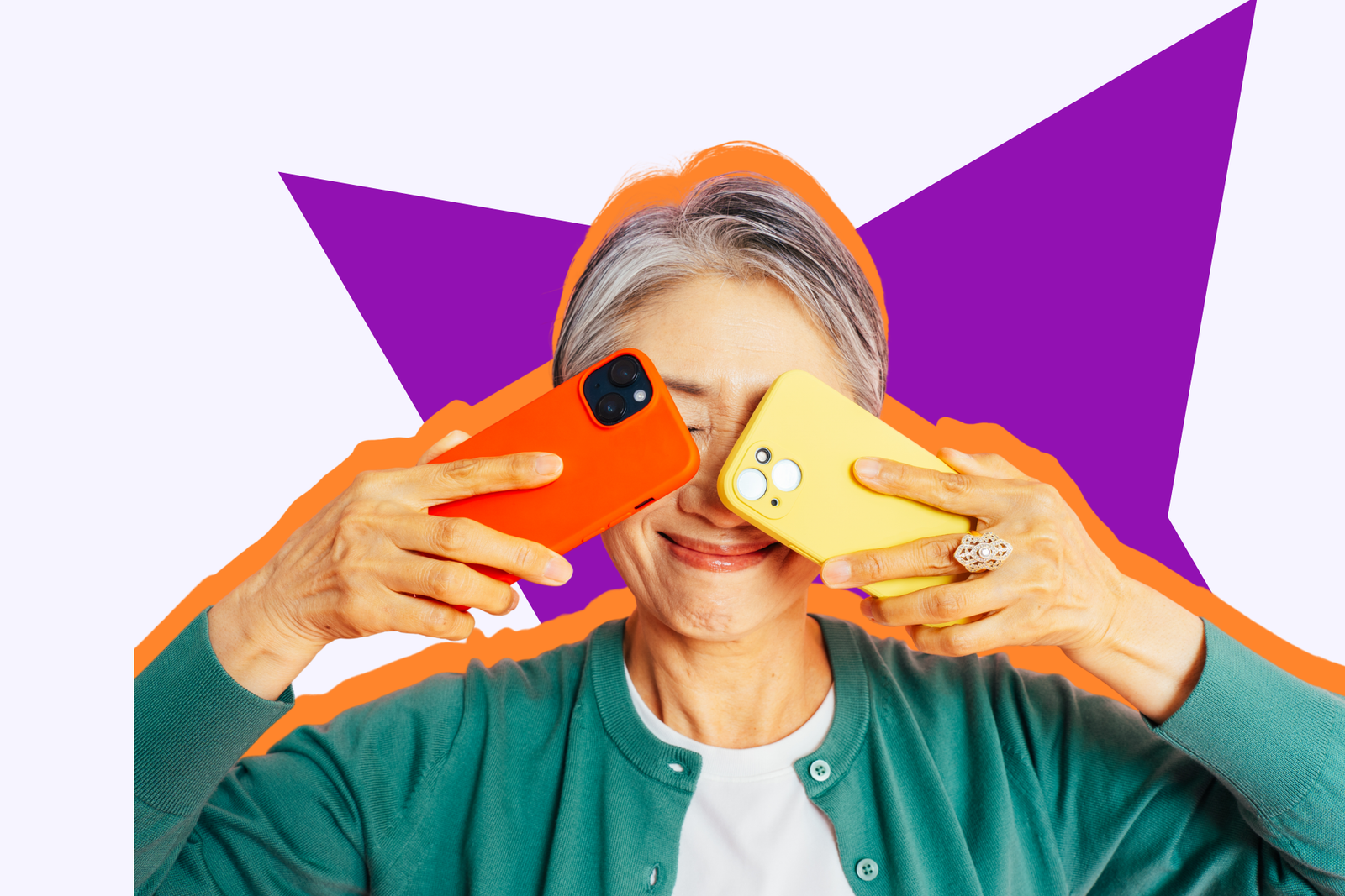 Una mujer sonriente se lleva a los ojos un teléfono naranja y otro amarillo, con un dibujo de una estrella morada de fondo