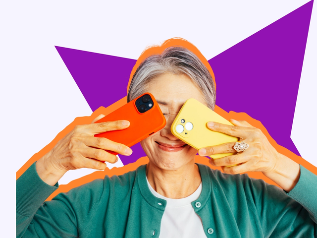 A smiling woman holds an orange and a yellow phone up to her eyes against a purple star graphic
