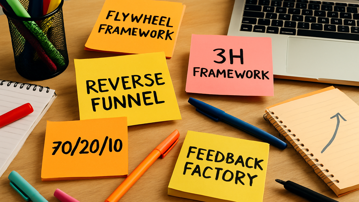 Desk with laptop, pens, and colorful sticky notes with text: Flywheel Framework, 3H Framework, Reverse Funnel, 70/20/10, Feedback Factory