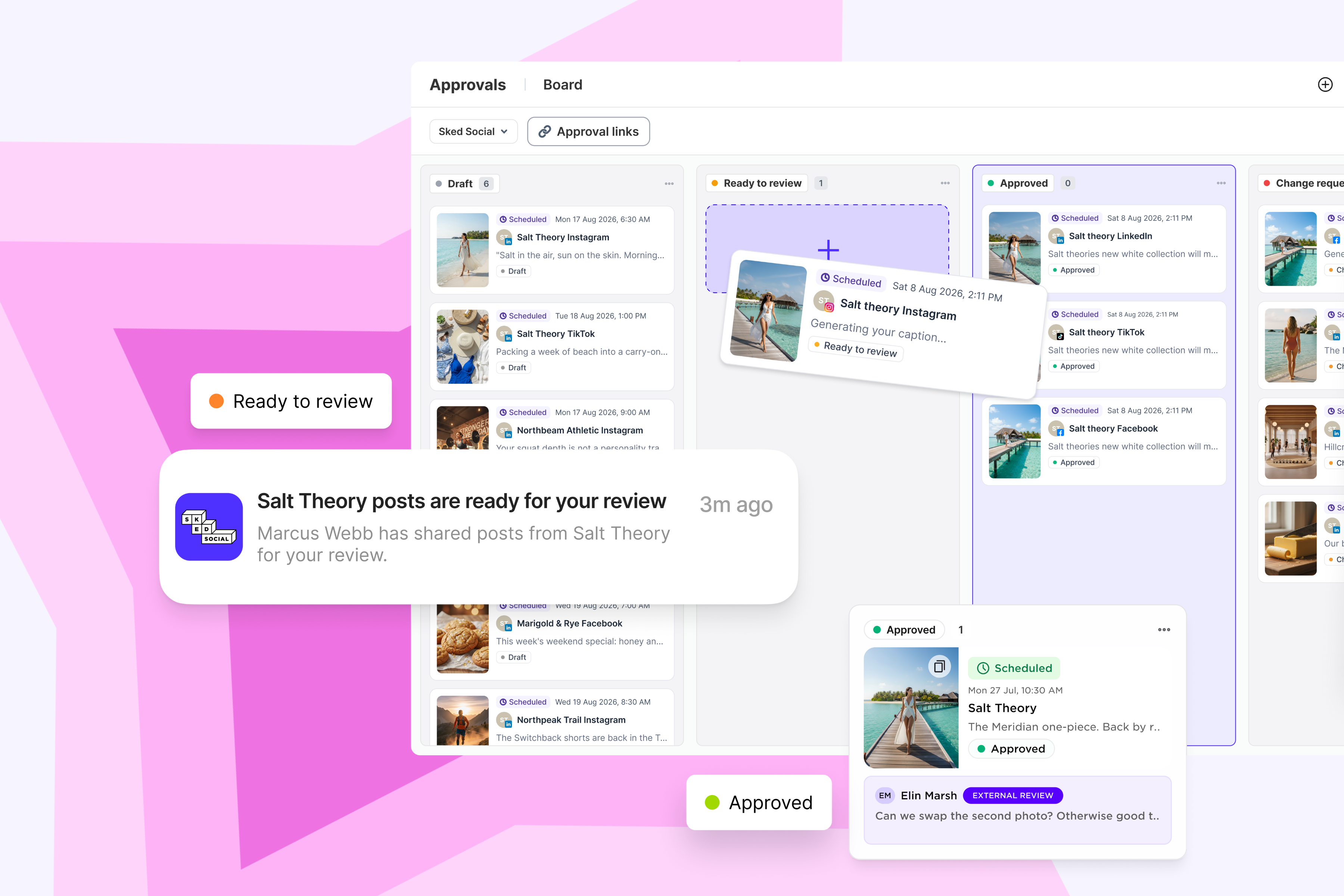 Sked Social Approvals board with posts moving from Draft to Ready to review to Approved, a notification that client posts are ready for review, and an approved post with an external reviewer's comment