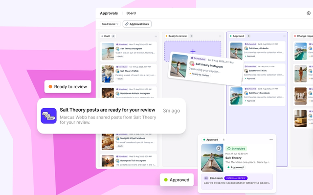 Sked Social Approvals board with posts moving from Draft to Ready to review to Approved, a notification that client posts are ready for review, and an approved post with an external reviewer's comment
