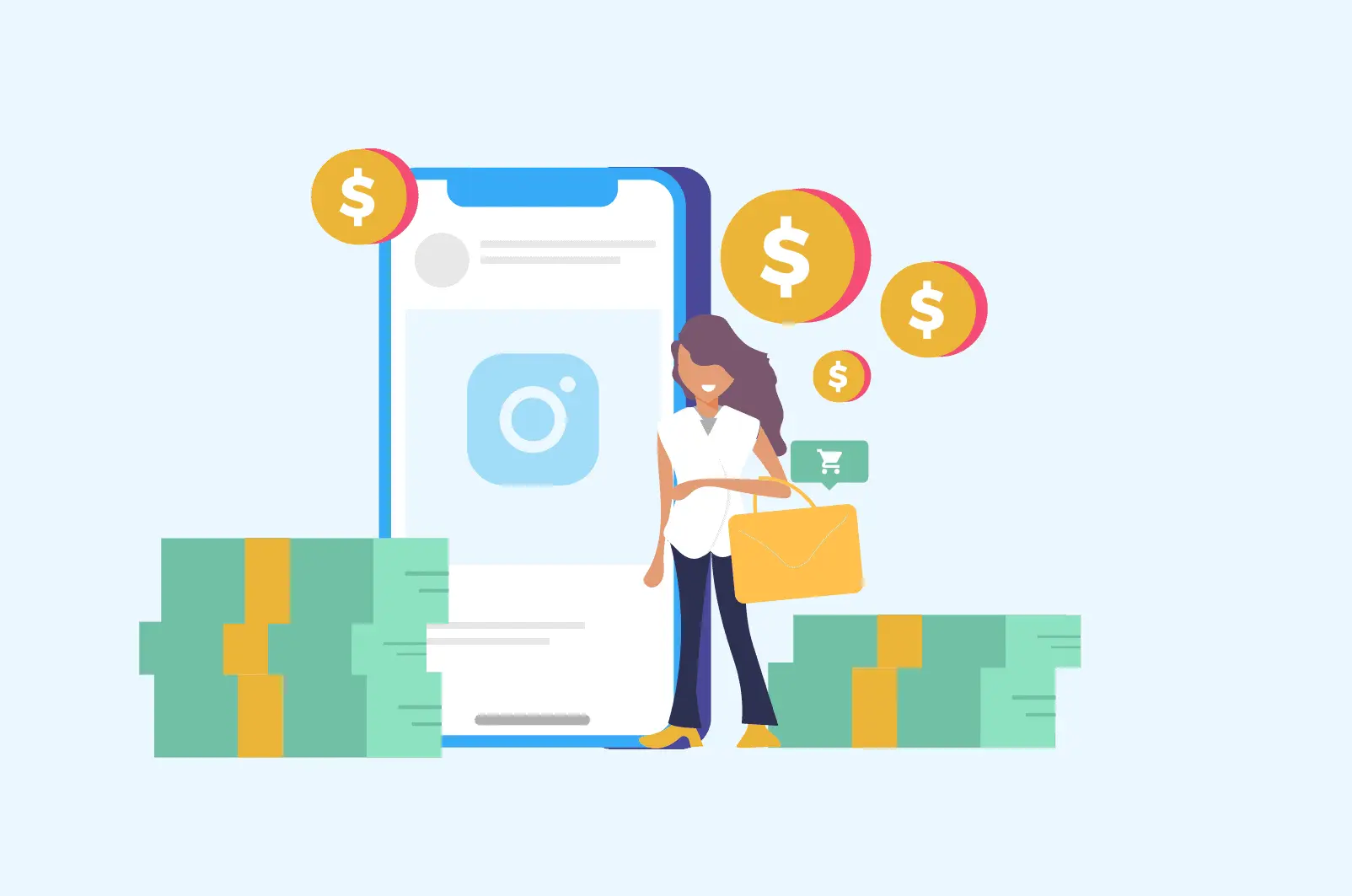 Illustrated woman with a shopping bag beside a giant phone showing Instagram, surrounded by cash stacks and coins