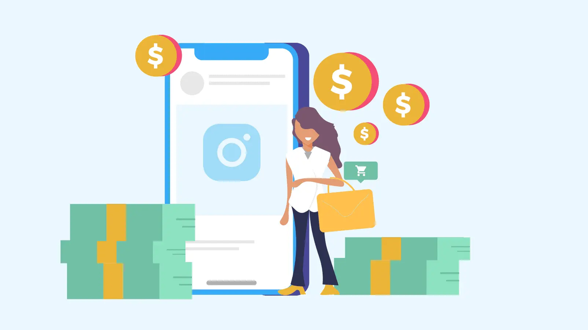 Illustrated woman with a shopping bag beside a giant phone showing Instagram, surrounded by cash stacks and coins
