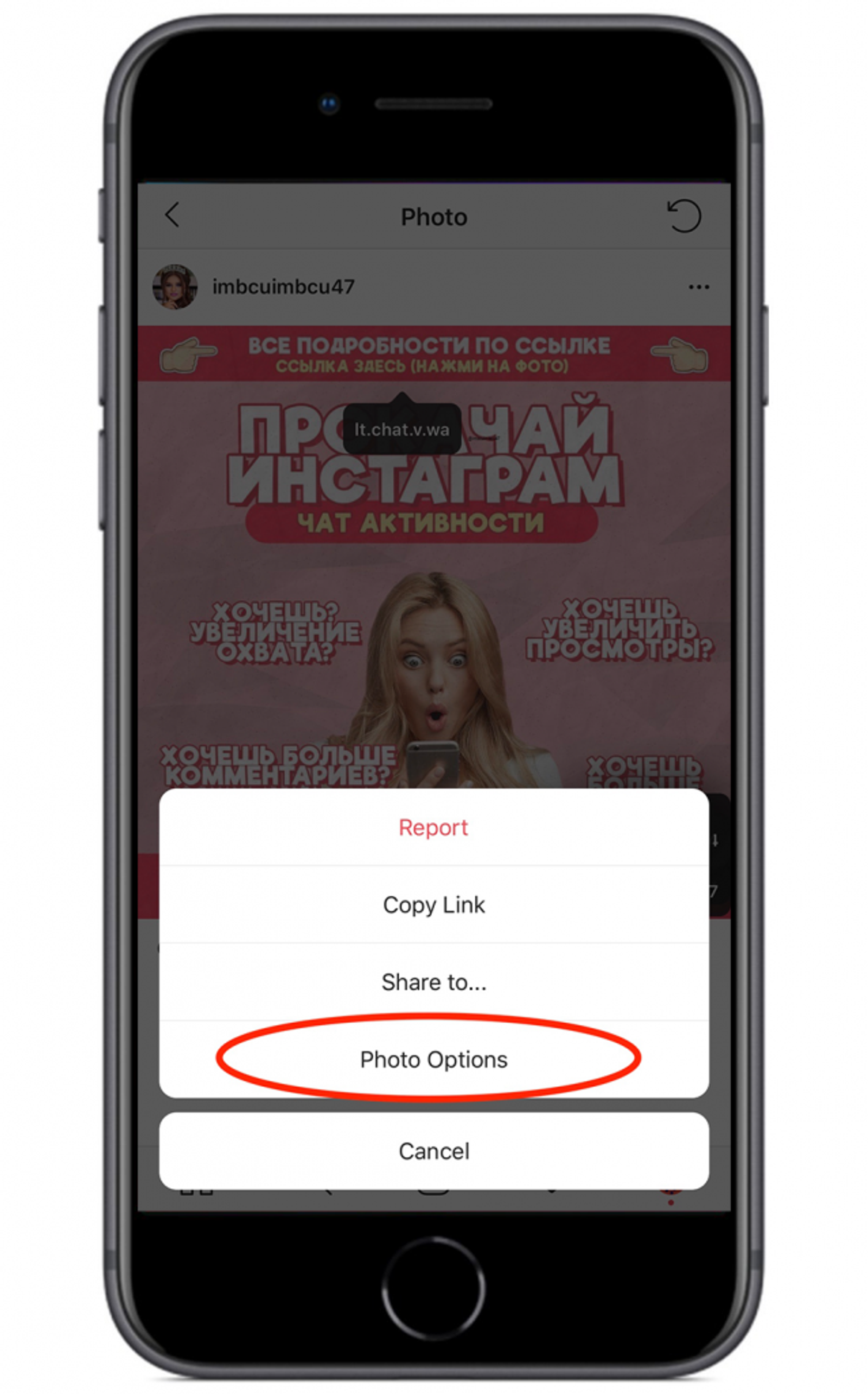 Opción de Instagram que muestra opciones de foto