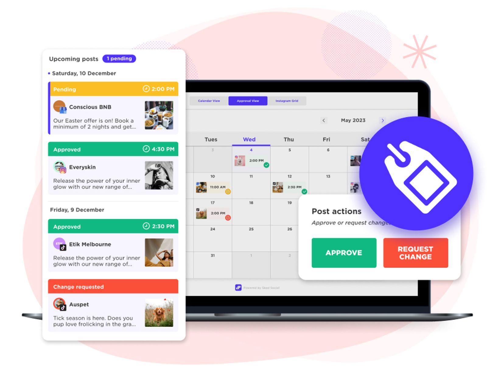 Vista de aprobación de Sked Social con publicaciones pendientes, aprobadas y con cambios solicitados.