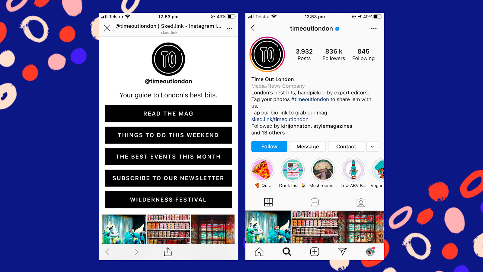Página de enlace de biografía con botones de lista, junto a un perfil de Instagram que muestra ese enlace.