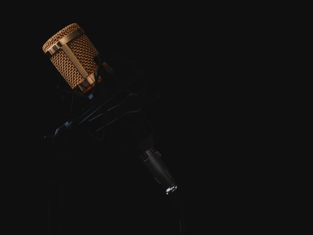 A studio microphone with a mesh windscreen lit against a dark background