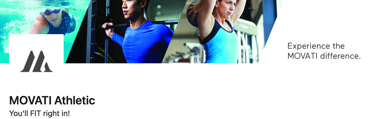 Encabezado del perfil de MOVATI Athletic con fotos de gimnasio, natación y su logo