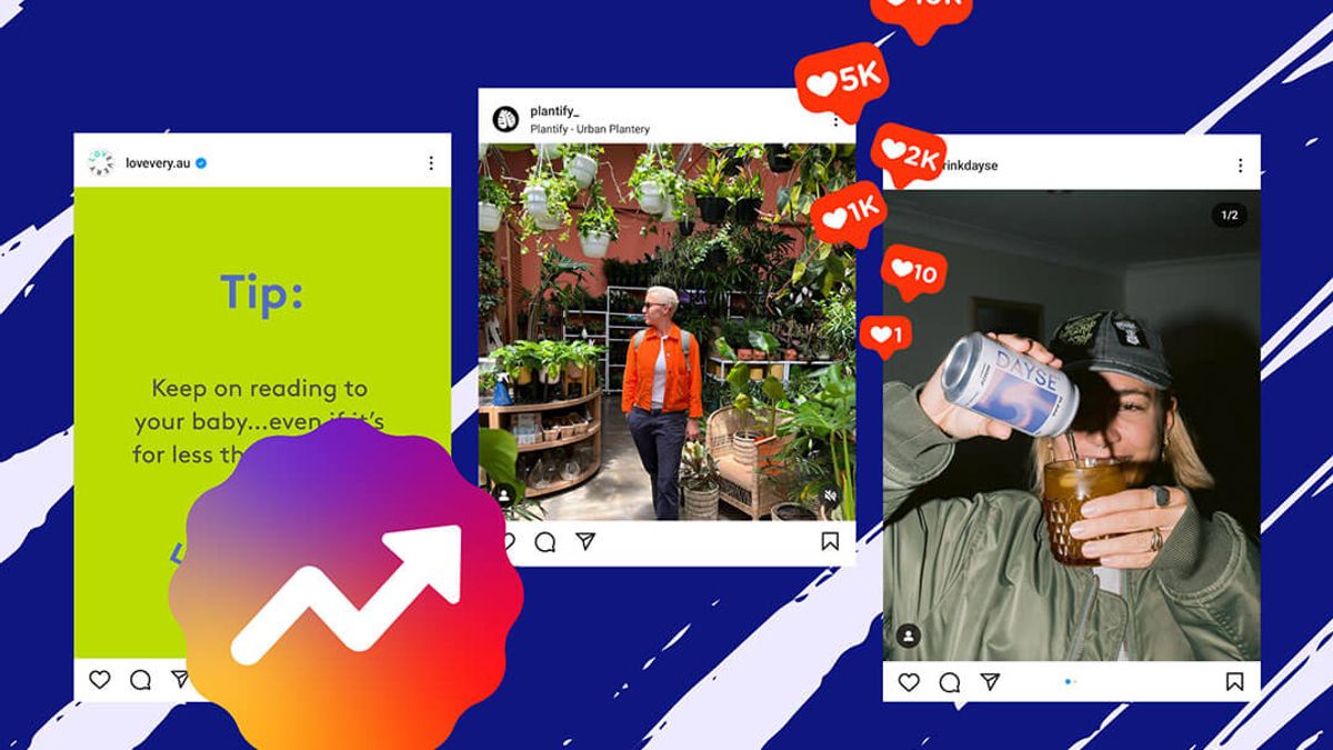 Three Instagram posts on a blue background with white brush strokes. An Instagram logo with an upward arrow is in the foreground.