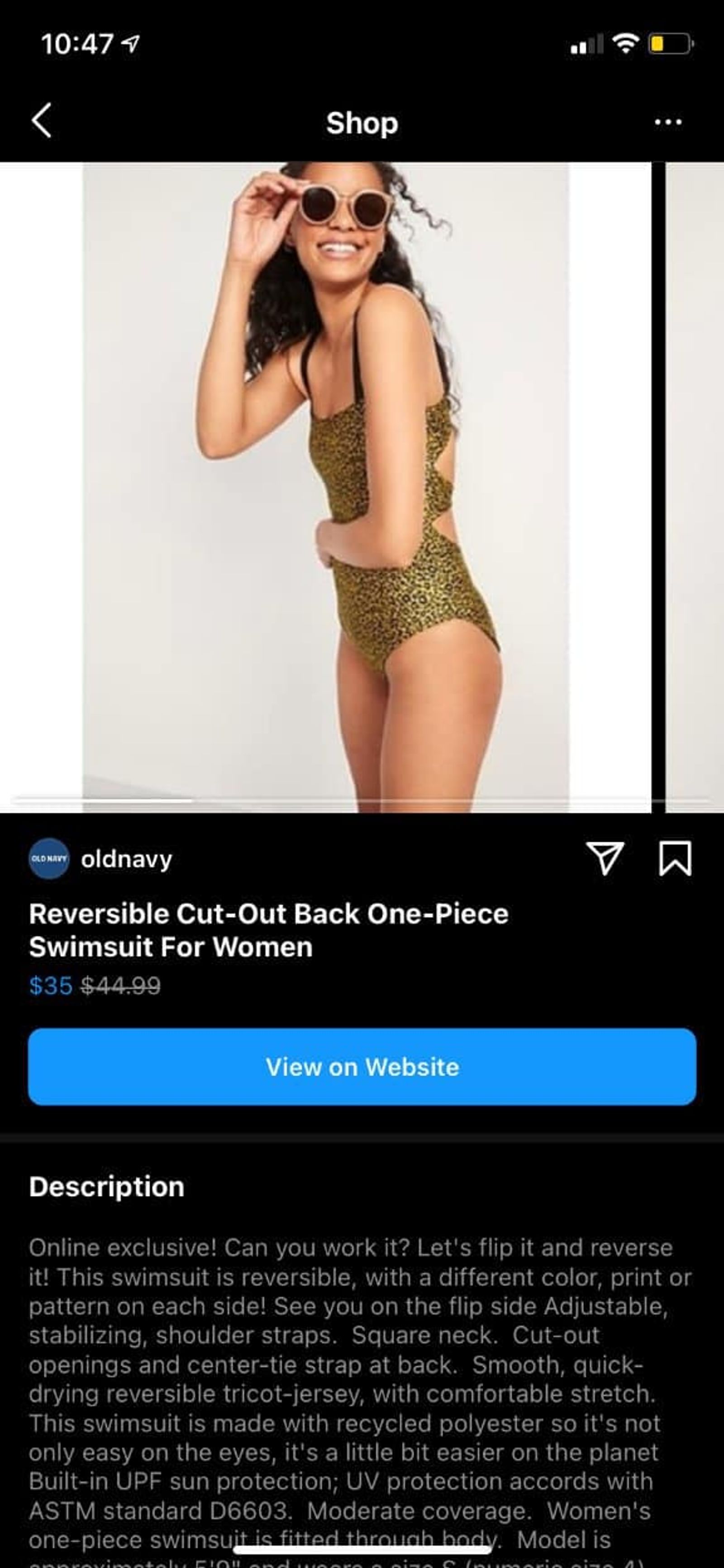 Página de producto de Instagram Shop con foto, título y descripción de un traje de baño.