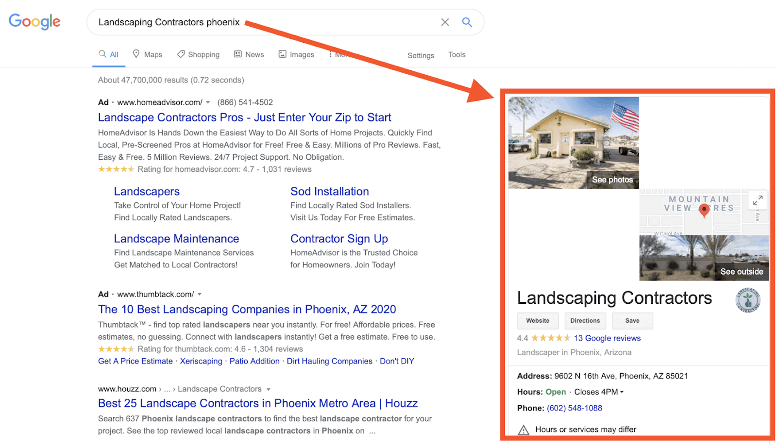 Resultados de Google con un panel de perfil de empresa destacado con dirección, horario y fotos.