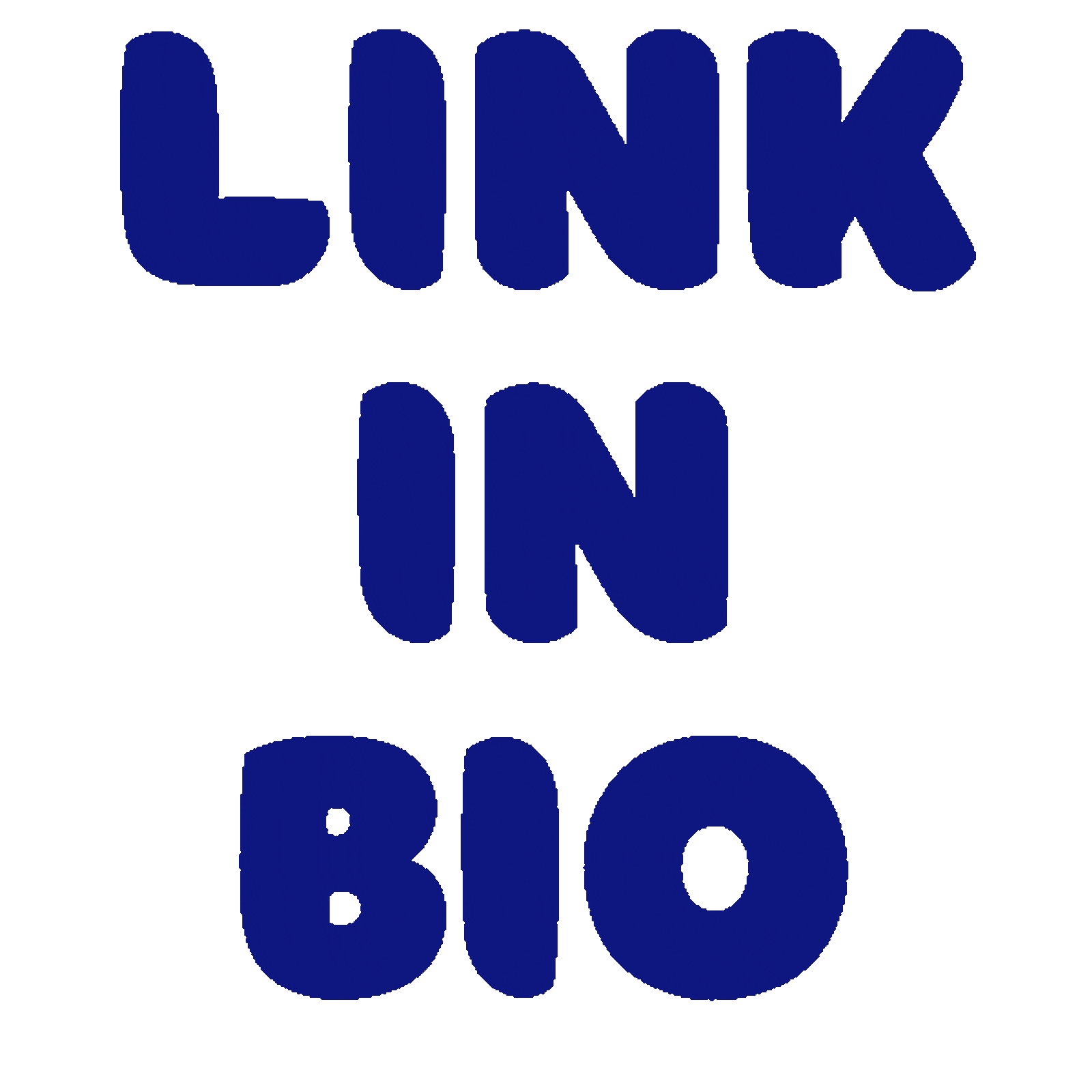 Una pegatina gráfica con las palabras "link in bio" en letras burbuja azul marino sobre fondo transparente.