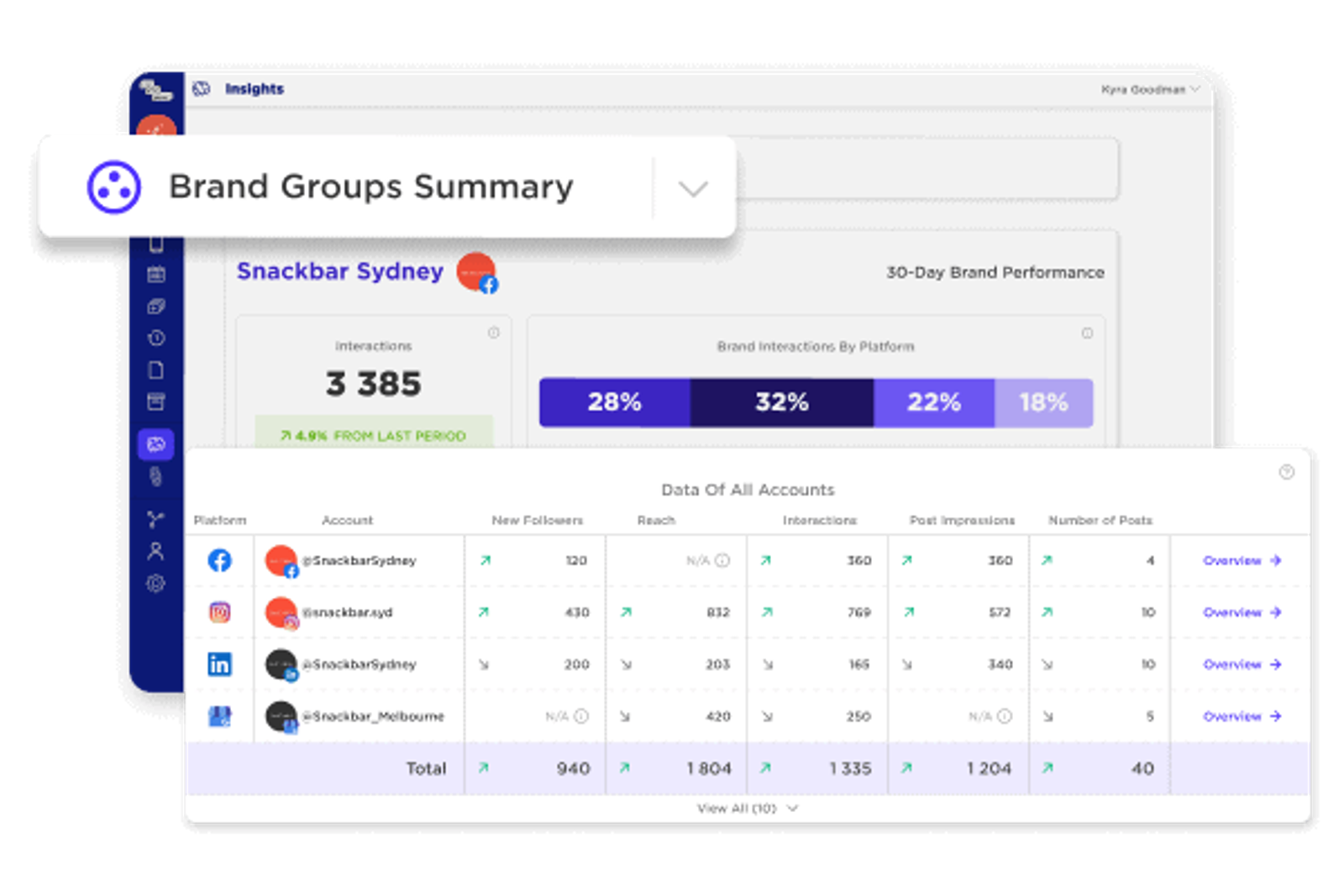 Panel de estadísticas de Sked Social con el resumen de grupos de marca y datos de rendimiento por cuenta y plataforma.