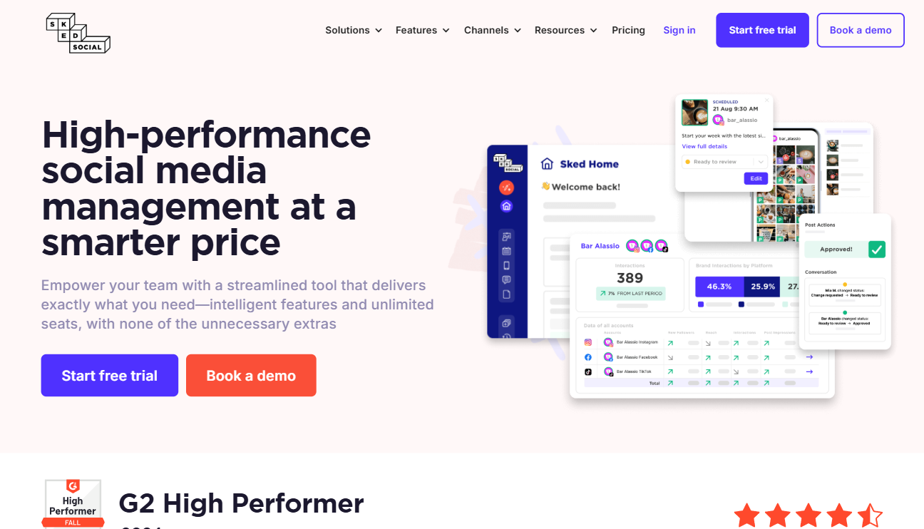 Sked Social website homepage showing dashboard panels with analytics and post scheduling cards