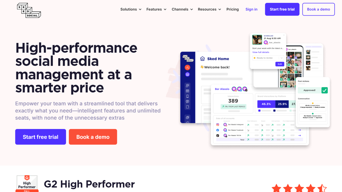 Sked Social website homepage showing dashboard panels with analytics and post scheduling cards