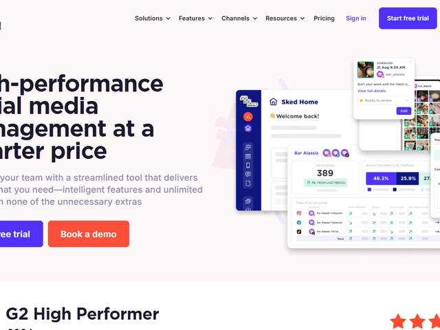 Sked Social website homepage showing dashboard panels with analytics and post scheduling cards