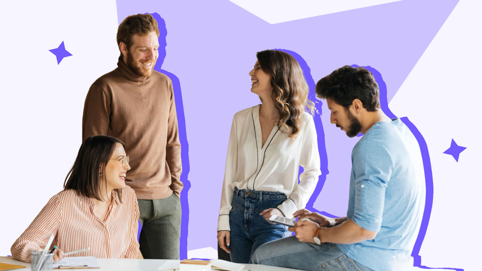 Four colleagues laughing together in conversation, cut out against a purple star-shaped backdrop.