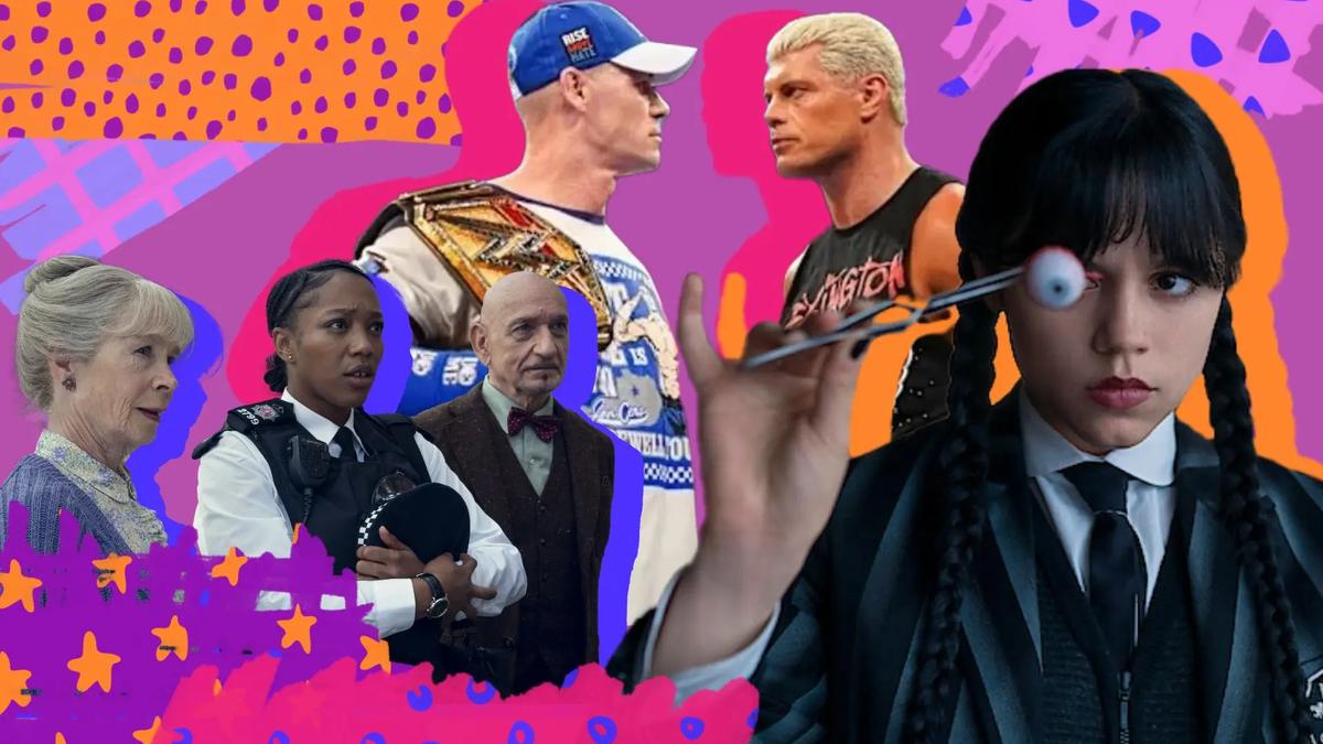Collage of five people: an older woman, a female police officer, an older man, two wrestlers, and Wednesday Addams holding an eyeball.