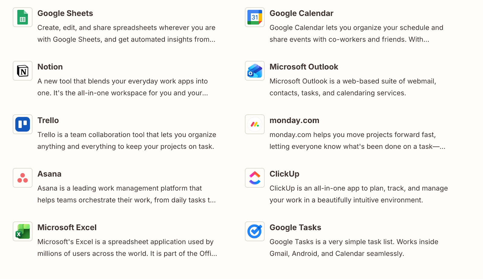 Lista de aplicaciones integradas con iconos y descripciones, como Google Sheets, Notion, Trello, Asana y otras.