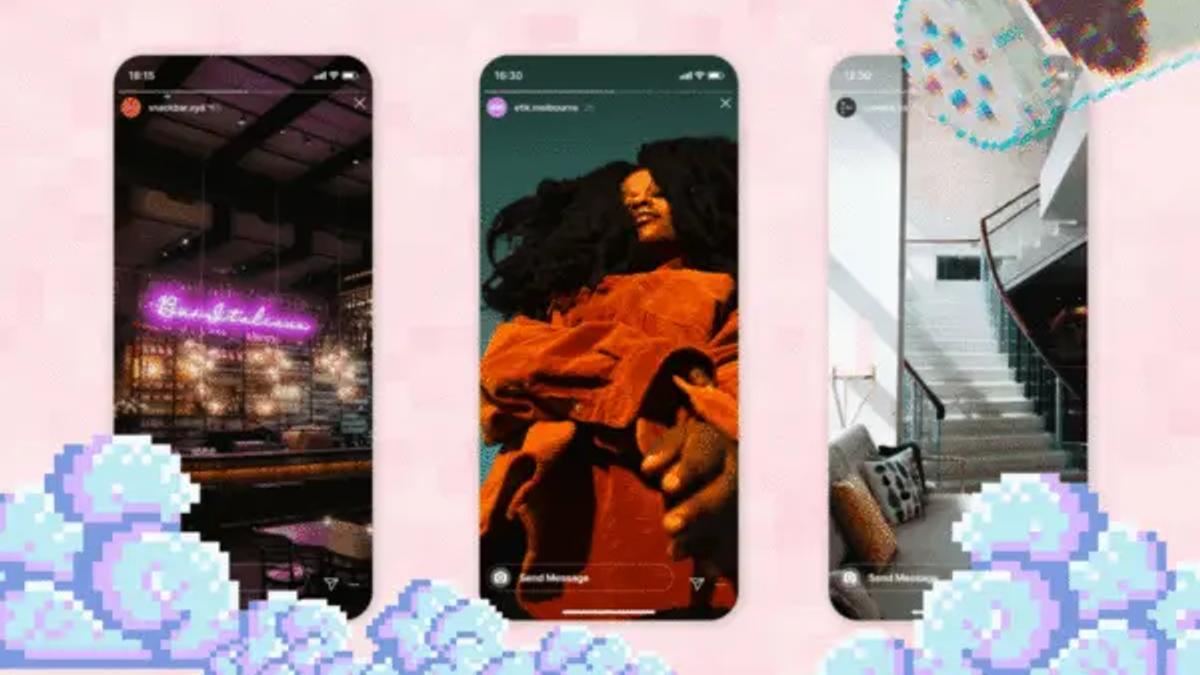 Three phone screens showing Instagram Reels with a neon bar sign, a person in orange, and a stairway