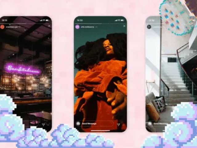 Three phone screens showing Instagram Reels with a neon bar sign, a person in orange, and a stairway