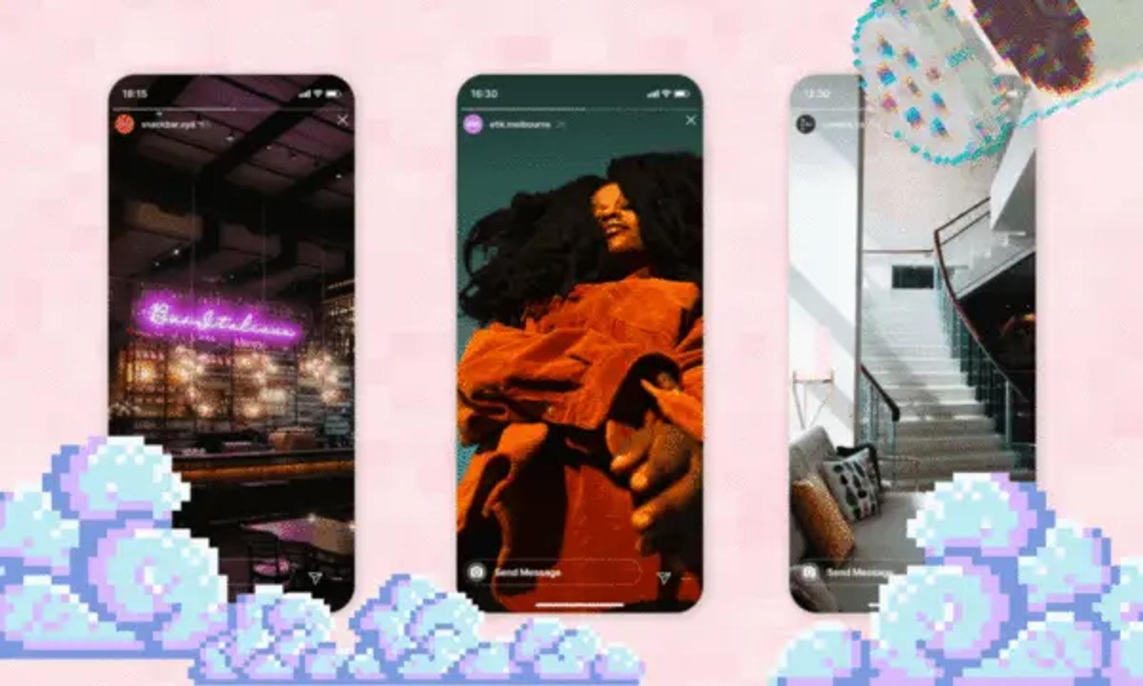 Three phone screens showing Instagram Reels with a neon bar sign, a person in orange, and a stairway