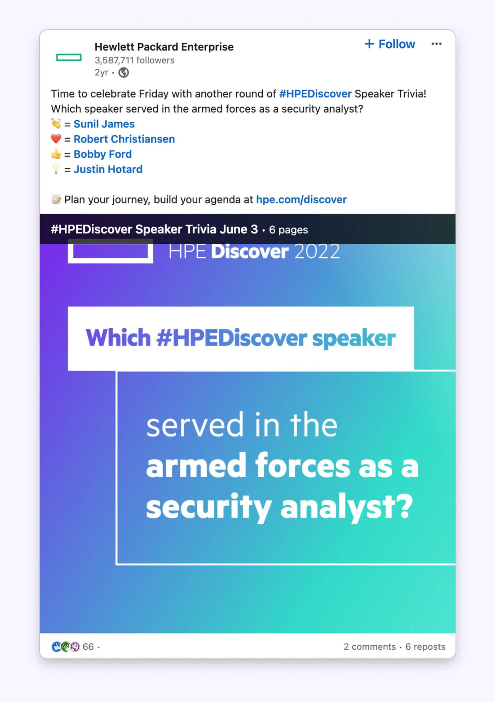 Publicación de LinkedIn de Hewlett Packard Enterprise con una imagen de trivia sobre un ponente de HPE Discover.