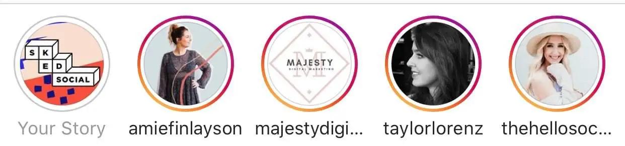 Row of Instagram Story bubbles with profile pictures and usernames at the top of a feed