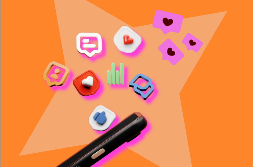 3D social media engagement icons above a smartphone, representing the data agencies track for Instagram collab posts