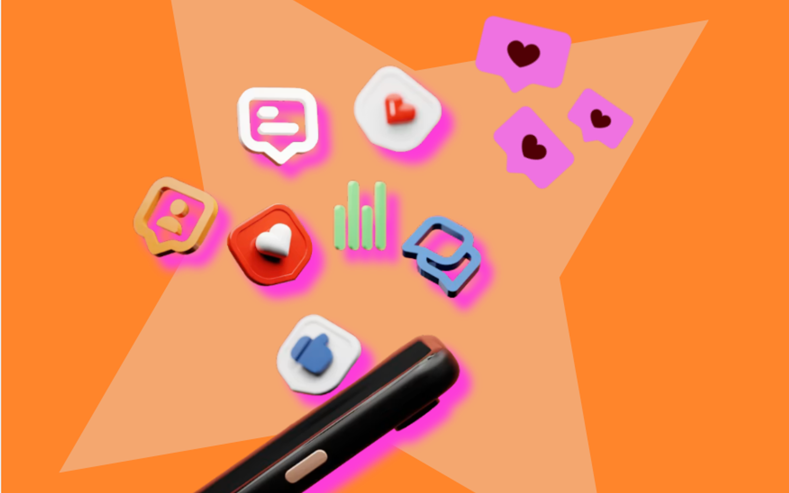 3D social media engagement icons above a smartphone, representing the data agencies track for Instagram collab posts