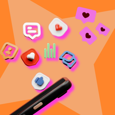 3D social media engagement icons above a smartphone, representing the data agencies track for Instagram collab posts