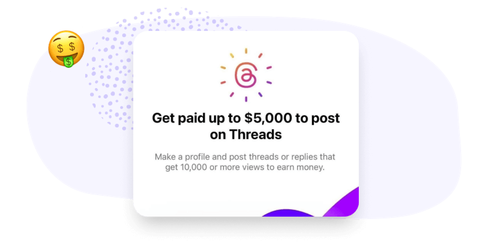 Logo de la app Threads sobre una tarjeta que promociona un pago por publicar contenido con cierto número de vistas.