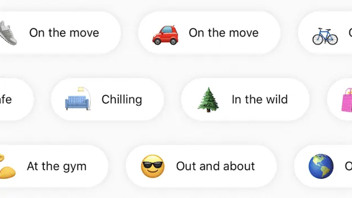 UI screenshot of white buttons with emojis and text: 'On the move', 'Chilling', 'In the wild', 'At the gym', 'Out and about'