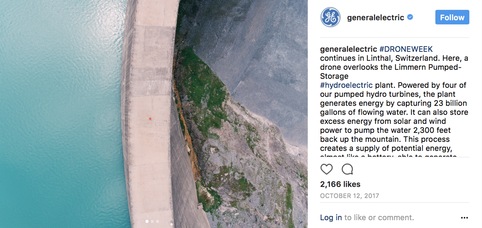 Publicación de Instagram de generalelectric con una vista aérea de un dron sobre una presa y planta hidroeléctrica.