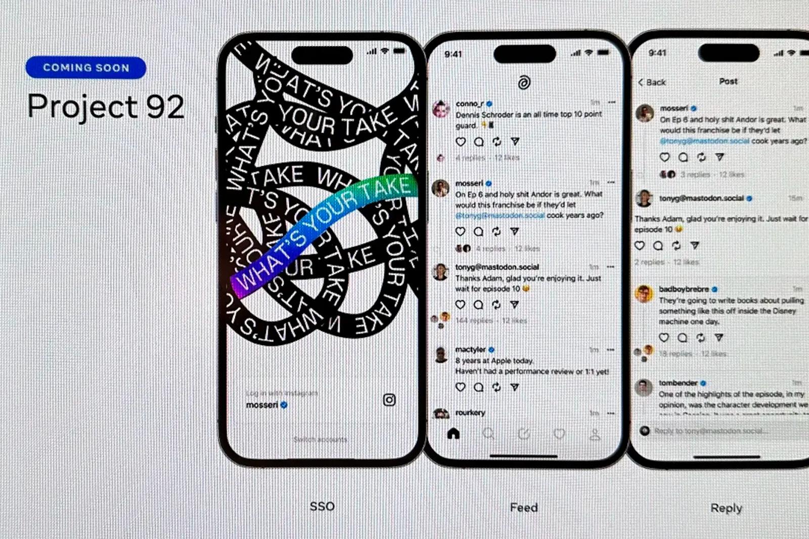 Leaked mockup of Meta's 'Project 92' app showing login, feed and reply screens on phones.