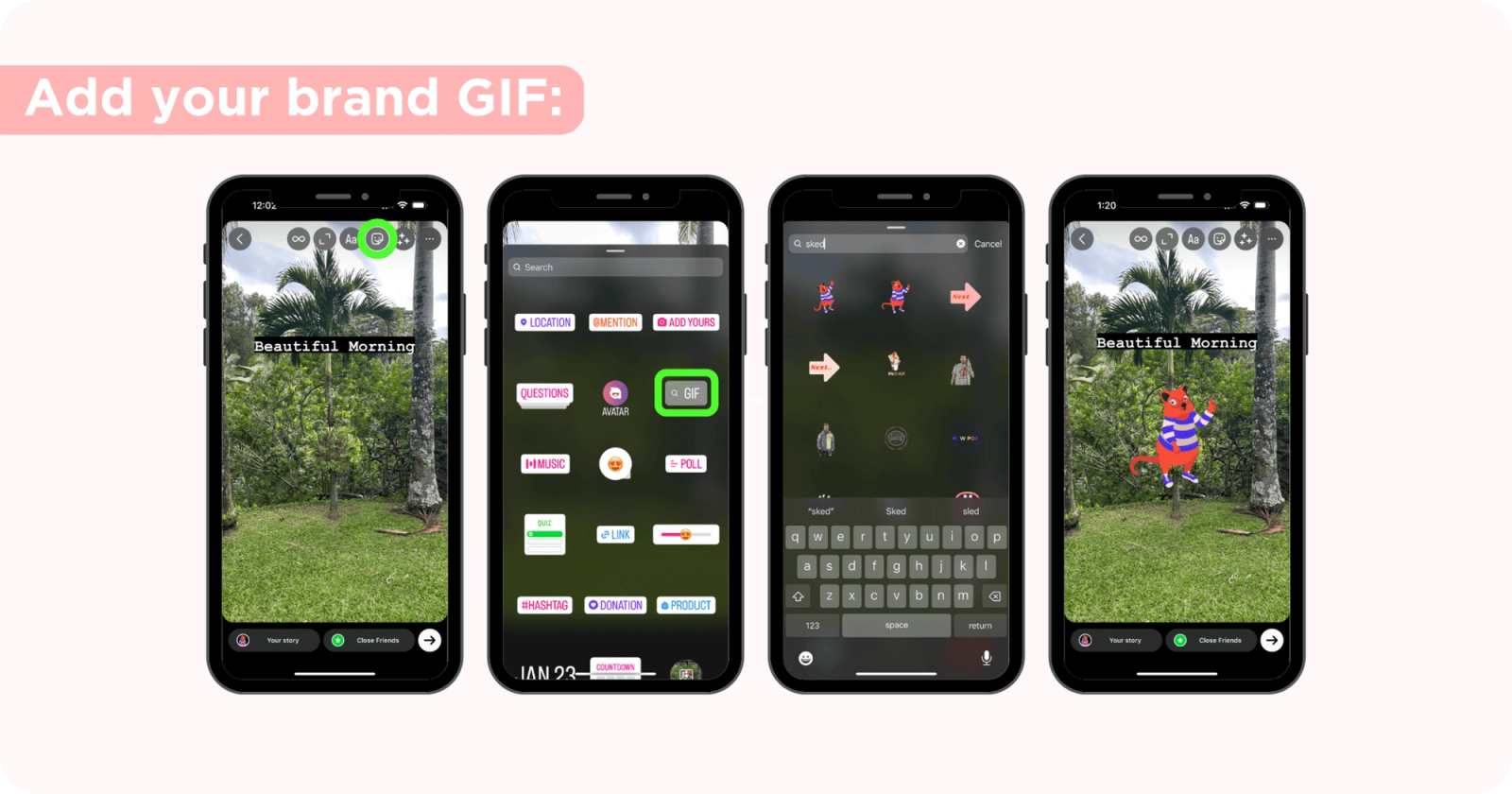 Cuatro pantallas de Instagram mostrando el menu de stickers, resultados de busqueda de GIF y un GIF en una Historia.